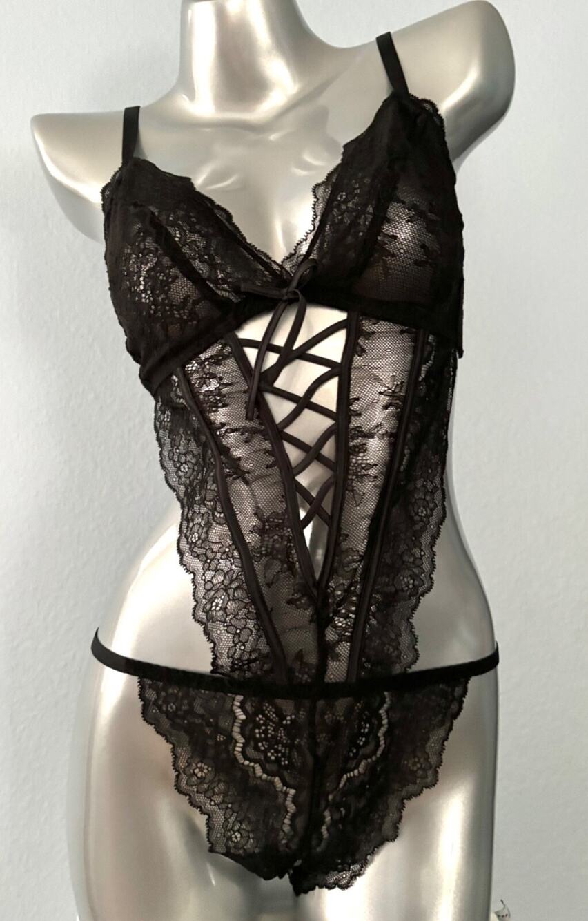 Victoria's Secret Nwt Black Lace Unlined Open Ouvert One Piece Teddy XL